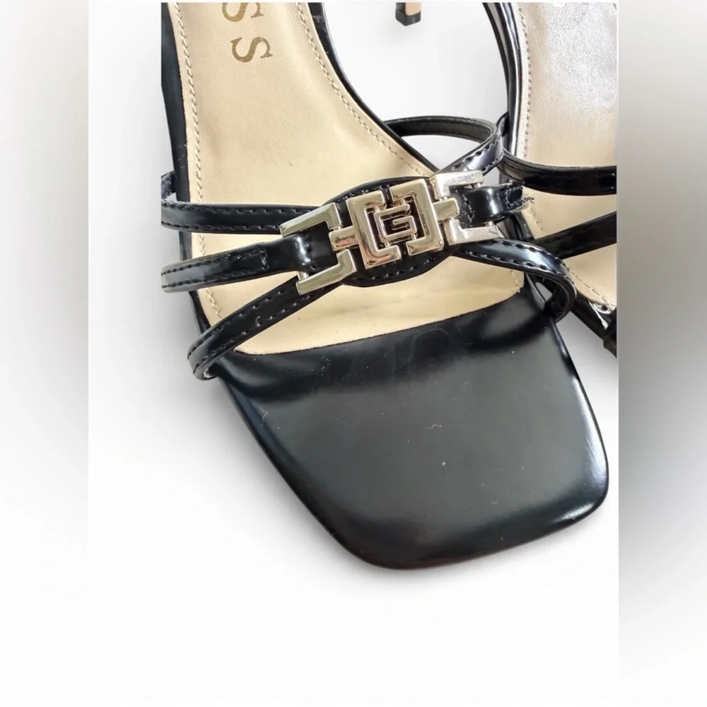 New! Guess Twilla Black Patent Faux Leather Strappy Heels Sandals 6.5